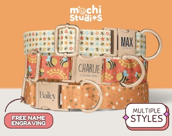 Bumble Bee Print Dog Collar, Custom Dog Collar with Name, Bee Print Dog Collar, Matching Leash Set, Metal Buckle, Bee Pattern DC-110