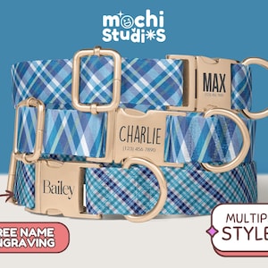 Blue Plaid Print Personalized Dog Collar, Custom Name, Metal Buckle, Matching Leash Set, Blue Pattern, Blue Dog Collar DC-027