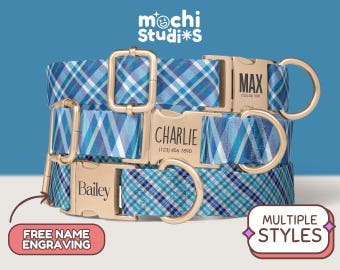 Blue Plaid Print Personalized Dog Collar, Custom Name, Metal Buckle, Matching Leash Set, Blue Pattern, Blue Dog Collar DC-027