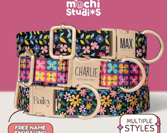 May include: Three dog collars with floral patterns and gold-colored hardware. Each collar features a name plate with a different name: "Max", "Charlie", and "Bailey". The collars have a black background with colorful flowers. The image also includes the text "Free Name Engraving" and "Multiple Styles".