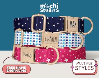 Star Pattern Personalized Dog Collar, Star Print Dog Collar, Custom Name, Black Stars, Pink Stars, Collar Leash Set, Metal Buckle DC-054