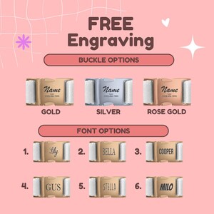 The image is a promotional graphic for a customizable pet product, featuring various buckle options and font options for personalizing the product.