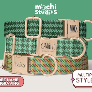 Green Abstract Pattern Personalized Dog Collar - Custom Name, Metal Buckle, Collar and Leash Set, Gift for Dogs - Green Herringbone DC-008