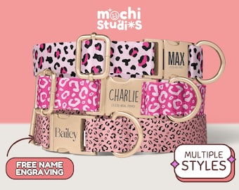 Pink Cheetah Print Dog Collar, Custom Dog Collar with Name, Pink Leopard Print Dog Collars Girl, Pink Leopard Dog Collars Cheetah DC-028
