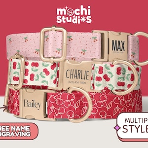 Cherry Print Dog Collar Personalized, Dog Collar with Name, Cherry Pattern Dog Collar, Cute Girl Dog Collars, Matching Leash Set DC-092