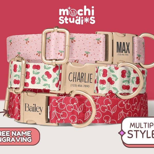 Cherry Print Dog Collar Personalized, Dog Collar with Name, Cherry Pattern Dog Collar, Cute Girl Dog Collars, Matching Leash Set DC-092