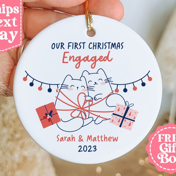 Our First Christmas Engaged - Personalized Engagement Ornament - Cute Cat Marriage Proposal Ornament - Engaged Ornament 2023 MO-0266