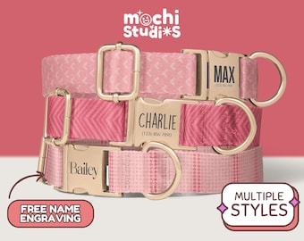 Pink Pattern Custom Dog Collar, Boho Pink Dog Collar, Pink Print Collar, Personalized with Name, Matching Leash Set, Metal Buckle DC-060