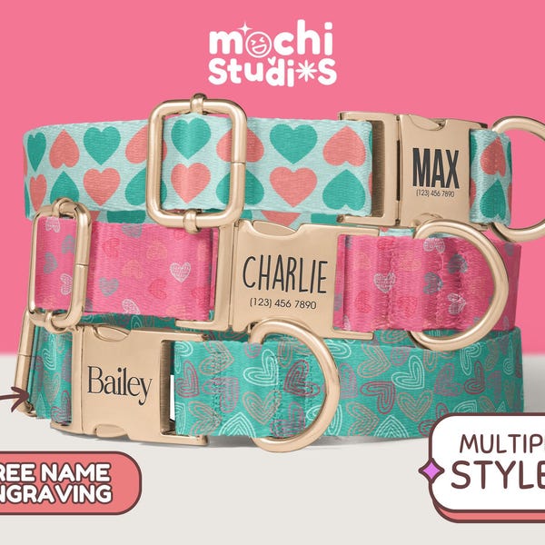 Valentines Dog Collar, Boho Heart Dog Collar, Heart Print Girl Dog Collar, Personalized Collar Matching Leash Set, Metal Buckle DC-100