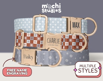 Boho Snowflake Christmas Dog Collar, Personalized Dog Collar with Name, Snowflake Print, Matching Leash Set DC-098