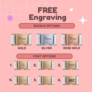 The image is a promotional graphic for a customizable pet product, featuring various buckle options and font options for personalizing the product.