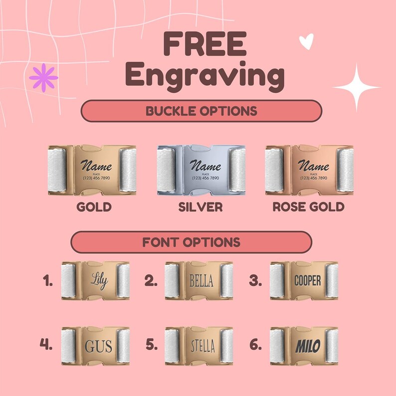 The image is a promotional graphic for a customizable pet product, featuring various buckle options and font options for personalizing the product.