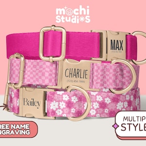 Personalized Plain Pink Color Dog Collar - Pink Pattern Flowers, Custom Name, Metal Buckle, Collar Leash Set, Girl - Barbie Pink DC-015