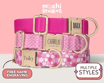 Personalized Plain Pink Color Dog Collar - Pink Pattern Flowers, Custom Name, Metal Buckle, Collar Leash Set, Girl - Barbie Pink DC-015