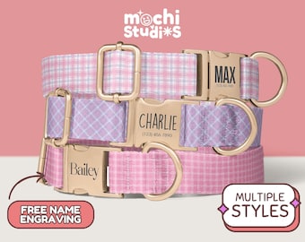 Pink Plaid Print Personalized Dog Collar, Custom Name, Metal Buckle, Matching Leash Set, Pink Pattern, Pink Girl Dog Collar DC-030