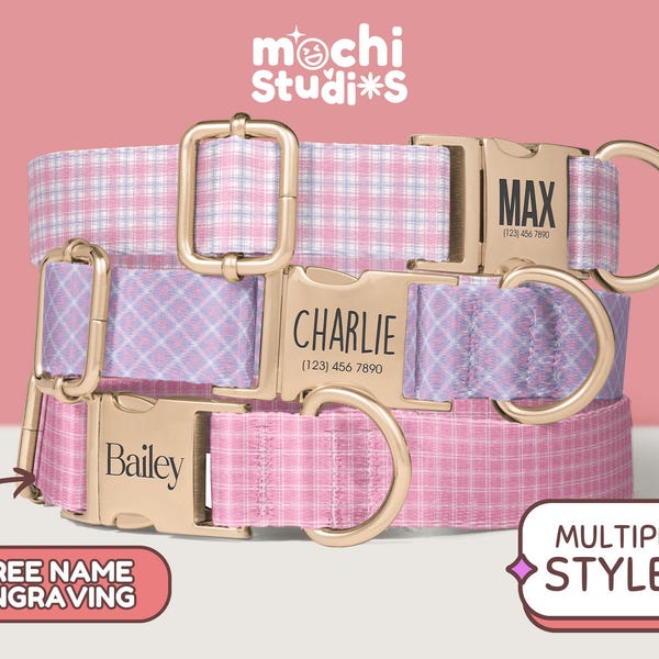 Pink Plaid Print Personalized Dog Collar, Custom Name, Metal Buckle, Matching Leash Set, Pink Pattern, Pink Girl Dog Collar DC-030
