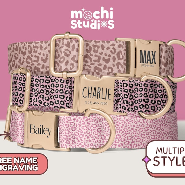 Pink Leopard Print Dog Collar, Custom Dog Collar with Name, Pink Cheetah Print Dog Collars Girl, Pink Leopard Dog Collars Cheetah DC-093