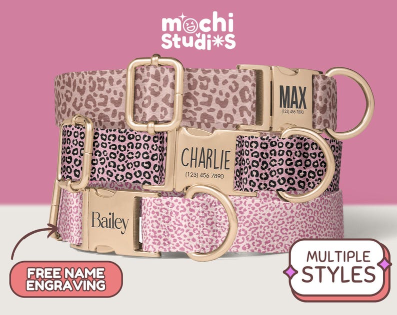 Pink Leopard Print Dog Collar, Custom Dog Collar with Name, Pink Cheetah Print Dog Collars Girl, Pink Leopard Dog Collars Cheetah DC-093 image 1