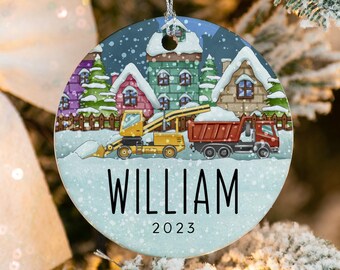 Kids Christmas Construction Truck Name Ornament - Personalized Christmas 2023 Kids Ornament - Custom Name and Year Boys Ornament MO-0363