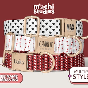 Boho Heart Print Custom Dog Collar, Personalized with Name, Valentines Heart Print Dog Collar, Boho Heart Print, Black White Red DC-031