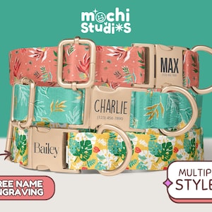 Tropical Dog Collar Personalized, Hawaiian Tropical Beach Custom Dog Collar, Engraved Metal Buckle, Matching Leash Set DC-095