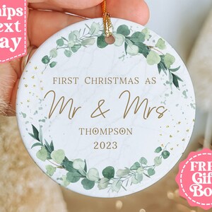 Mr and Mrs Christmas Ornament - Personalized First Christmas Married Ornament - Our First Christmas Married Mr and Mrs - Boho Green MO-0008