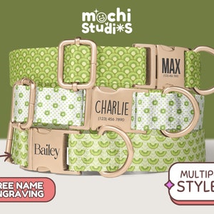 Green Kiwi Fruit Pattern Personalized Dog Collar - Custom Name, Phone Number, Metal Buckle, Kiwi Collar and Leash Set, Gift for Dogs DC-005