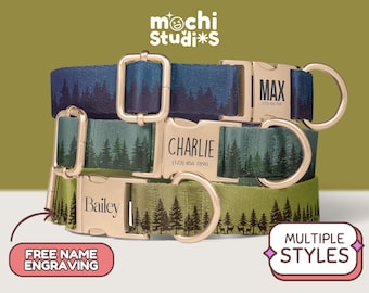 Collar para perro con estampado de bosque Aurora, personalizado, con nombre, diseño minimalista de árboles forestales, correa a juego DC-057