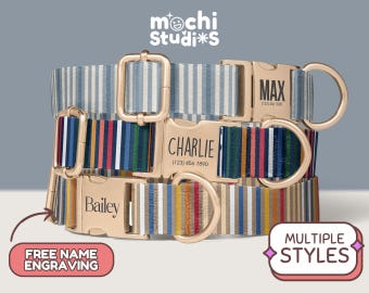 Striped Pattern Dog Collars - Striped Boy Dog Collars, Custom Dog Collar with Name, Engraved Metal Buckle, Striped Dog Collar DC-063