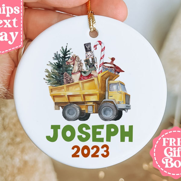 Boys Christmas Dump Truck Name Ornament - Personalized Tractor Ornament - Custom Boys Construction Ornament - Boys Keepsake MO-0082