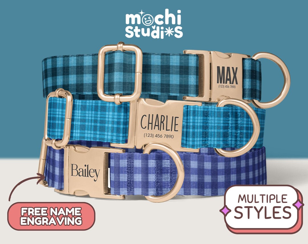 Boho Blue Checkered Plaid Personalized Dog Collar - Custom Name, Phone ...