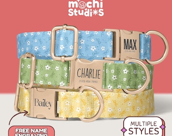 Floral Dog Collar Personalized Engraved Name Dog Collar, Custom Engraved Name Dog Collars With Name Engraving, Adjustable Pet Collar(DC-124)