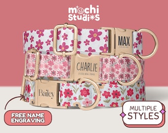 Girl Pink Floral Print Personalized Dog Collar, Boho Pink Flowers, Custom Name, Metal Buckle, Collar Leash Set, Pink Flower Pattern DC-053