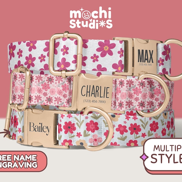 Girl Pink Floral Print Personalized Dog Collar, Boho Pink Flowers, Custom Name, Metal Buckle, Collar Leash Set, Pink Flower Pattern DC-053