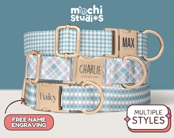 Boho Blue Pattern Personalized Dog Collar - Custom Name, Phone Number, Engraved, Collar Leash Set, Blue Checkered Collar DC-017