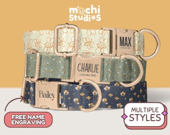 Bumble Bee Dog Collar Personalized, Custom Dog Collar with Name, Bee Print Dog Collar, Dog Collar Leash Set, Metal Buckle DC-067