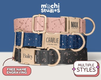 Starry Night Dog Collar, Constellation Stars Print, Celestial Pattern, Matching Leash Set, Metal Buckle, Custom with Name DC-117