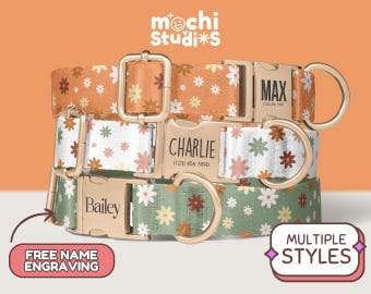 Boho Retro Flowers Girl Dog Collars, Floral Dog Collars, Minimalist Personalized Dog Collars with Name, Boho Flower Pattern DC-066
