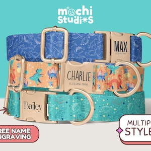 Boy Dinosaur Print Dog Collar, Personalized Dino Dog Collar, Dinosaur Pattern Collar Leash Set, Metal Buckle Engraved Dog Collar DC-087