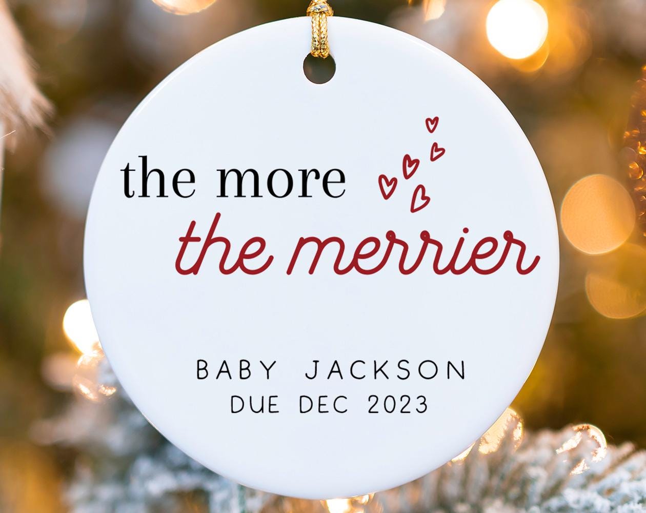 Pregnancy Announcement Christmas Ornament - The More the Merrier Baby On the Way Ceramic Holiday Ornament - Pregnancy Reveal MO-0275