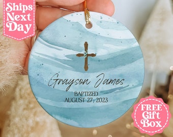 Personalized Christening Boys Ornament - Name + Date Custom Baptism Ornament - Blue Watercolor Christened Ornament Keepsake MO-0303