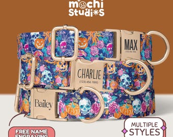 Halloween Floral Skull Dog Collar, Personalized Engraved Name Dog Collar, Custom Engraved Name Dog Collars With Free Name Engraving(DC-176)
