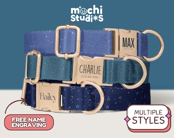Blue Minimalist Galaxy Space Print Dog Collar Personalized, Dog Collar with Name, Cosmo Print, Matching Leash Set, Metal Buckle DC-090