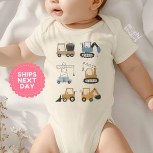 Construction Trucks Baby Bodysuit, Digger Excavator Infant Outfit, Unisex Baby Shower Gift, Organic Baby Clothes, Cute Baby Creeper(AD-27)