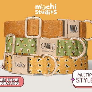 May include: Three personalized dog collars with bee patterns in yellow, green, and orange. Each collar has a metal buckle and a D-ring. The collars are engraved with names and phone numbers. The image also includes the text "FREE NAME ENGRAVING" and "MULTIPLE STYLES".