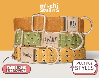 Bumble Bee Dog Collar Personalized, Custom Dog Collar with Name, Bee Print Dog Collar, Matching Leash Set, Engraved Metal Buckle DC-089