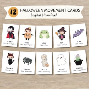 12 Halloween Movement Cards Montessori flashcards Preschool Educational Printable Cards Instant Download