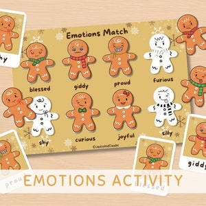 Actividad de emociones del hombre de jengibre navideño para niños Montessori imprimible Actividades para niños pequeños Sentimientos Tarjetas didácticas de aprendizaje en casa
