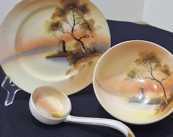 Antique Noritake Morimura 'Windmill' set - Plate, Footed Bowl and Spoon