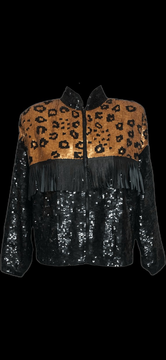 Maple 90s Leopard Sequin Fringe Bomber Jacket